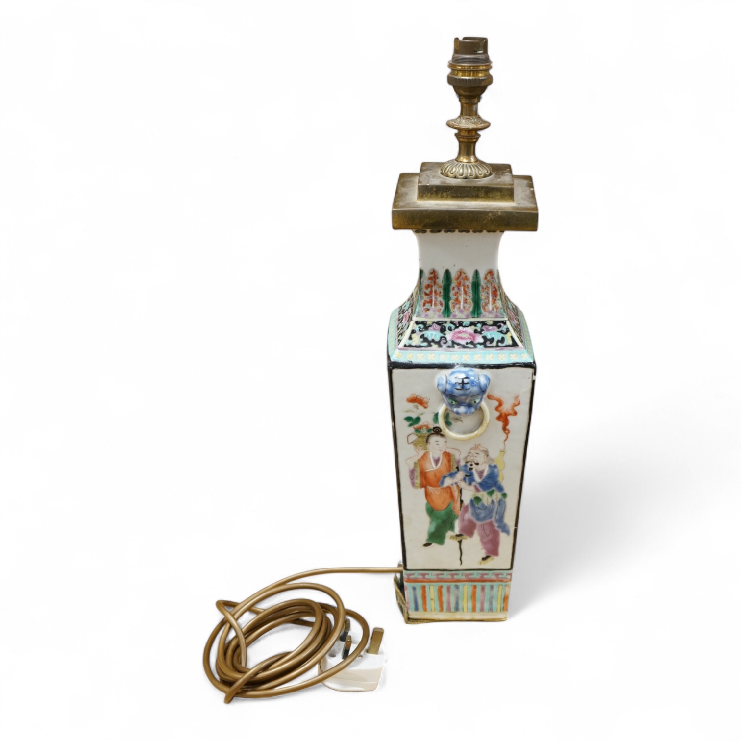 A Chinese famille rose square vase, early 20th century, mounted as a lamp, 37cm high not including light fitting.